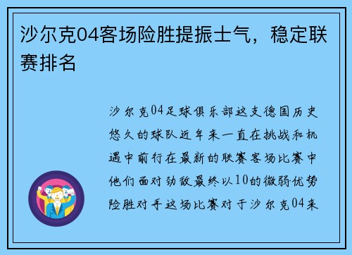 沙尔克04客场险胜提振士气，稳定联赛排名